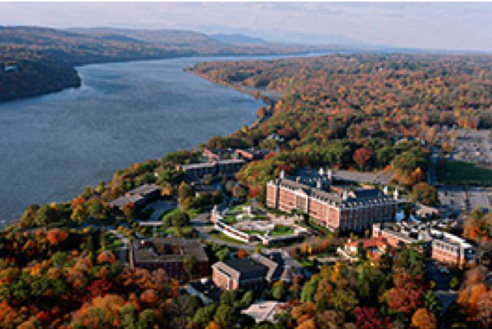 Aerial view of the Culinary Institute of America in Hyde Park, NY on the Hudson River.
