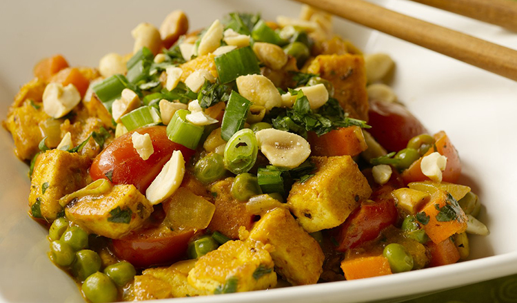 Tofu With Red Curry Paste, Peas, Green Onions & Cilantro