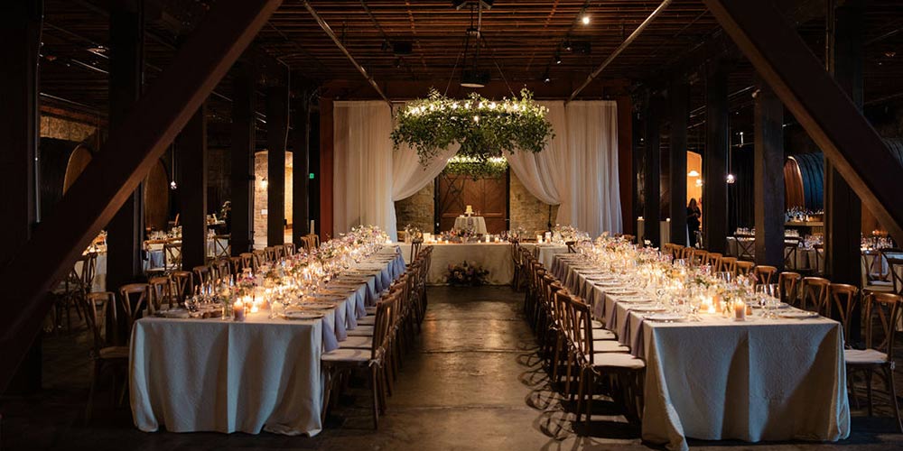 The Barrel Room venue decorated for a private event at CIA at Greystone in the Napa Valley.