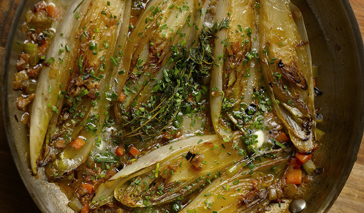 Braised Belgian Endive with Caramelized Vegetables.