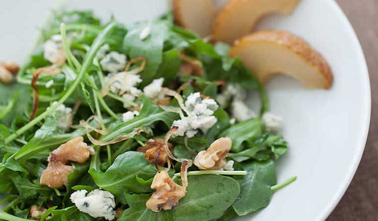 Roasted Pear and Arugula Salad with Caramelized Shallot Vinaigrette