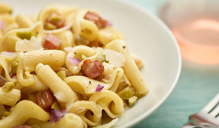 Campanelle With Red Onion Pancetta Olives Pecorino Cream