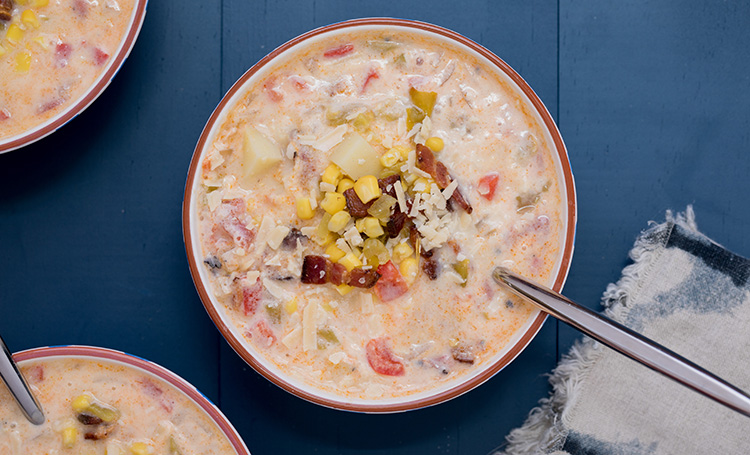 Corn chowder with chiles and Monterey Jack cheese