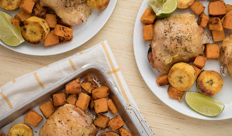 Mojo chicken legs with sweet potatoes and plantains