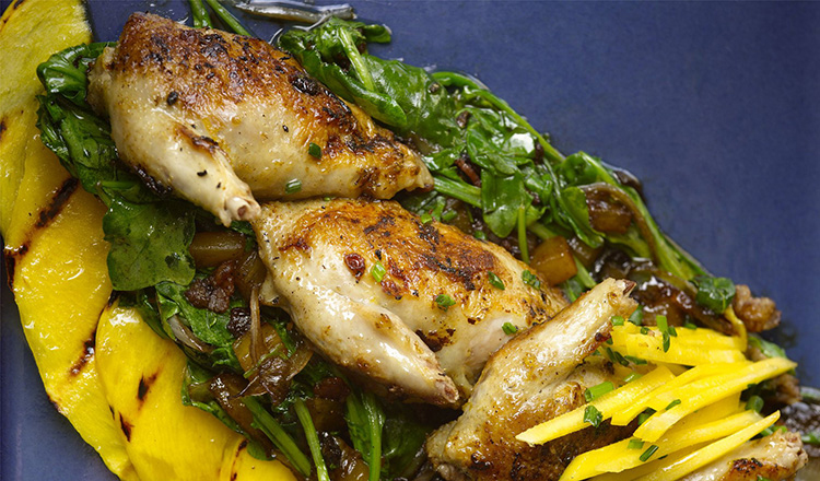 Grilled Quail With Mango & Arugula