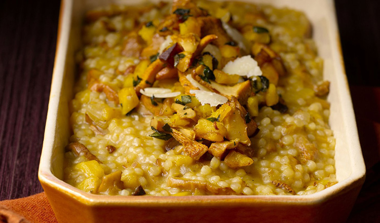 Israeli Couscous Risotto with Pumpkin and Chanterelle Mushrooms