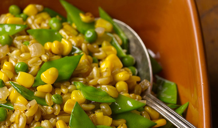 Kamut with Fresh Corn and Peas.