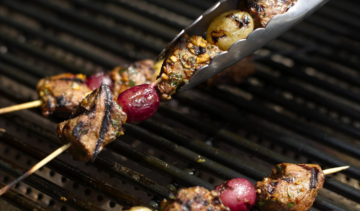 Spicy Lamb Kebabs with Pickled Grapes.