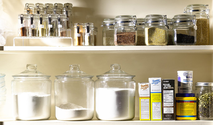 Spices and ingredients in a pantry.