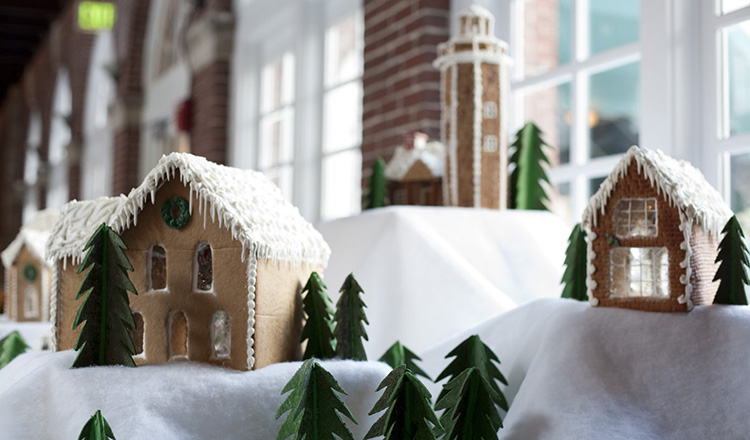 Gingerbread house display in Roth Hall at The Culinary Institute of America.