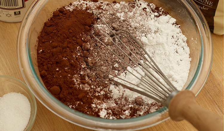 Instant hot chocolate ingredients in a bowl.