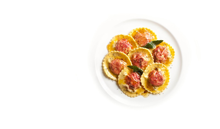 Ravioli filled with Beets, butter and poppy seeds