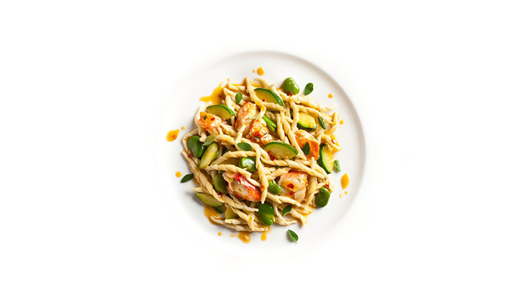 Trofiette with lobster, leeks, zucchini, and fava beans