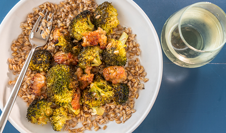 Lemon-Roasted Broccoli and Sausage with Grains