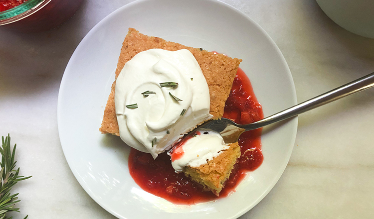 Rosemary Polenta Cake with Savory Strawberry Compote and Goat Cheese
