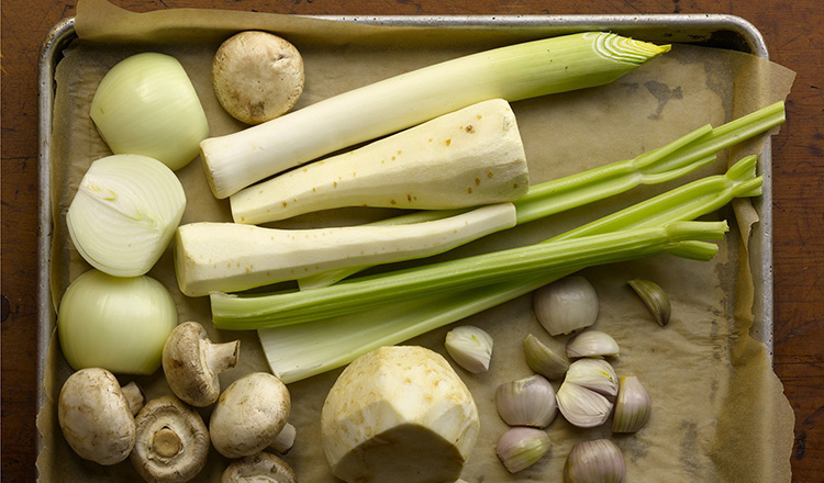 Vegetables on tray for stock.