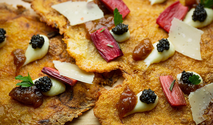 Parsnip and Potato latkes with rhubarb jam, sour cream, and caviar