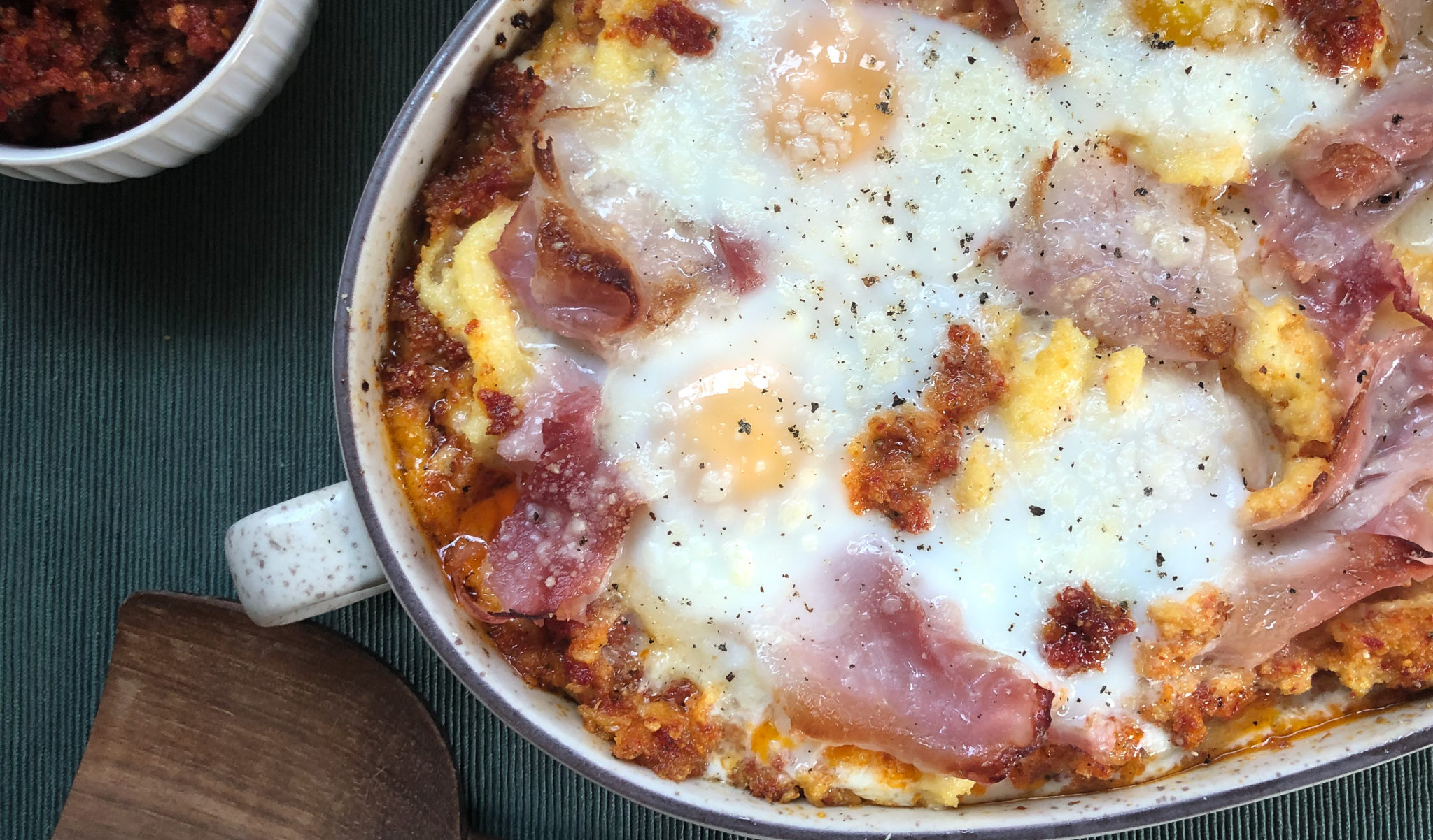 Baked Polenta with Eggs, Prosciutto, and Sun-Dried Tomato