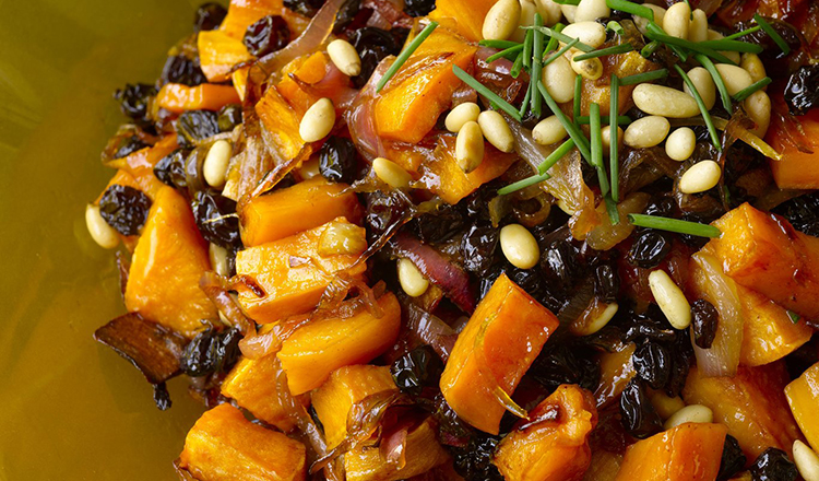 Caramelized Sweet Potatoes with Pine Nuts and Currants