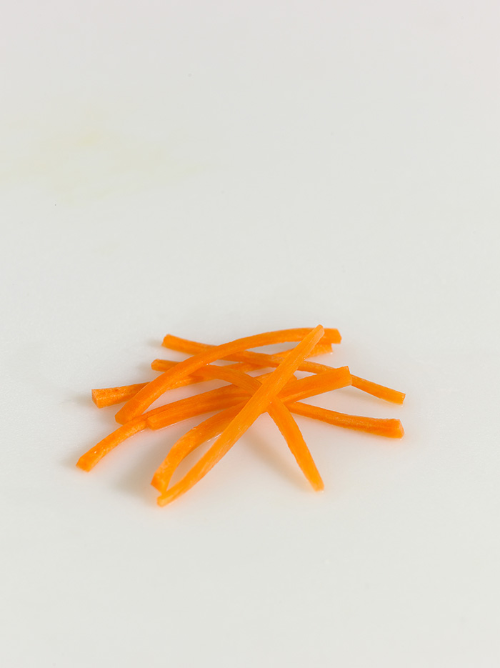 Fine julienne. 1/16 x 1/16 x 1 to 2 in/1.5 mm x 1.5 mm x 3 to 5 cm.