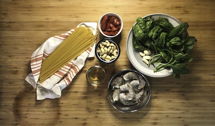 Ingredients for creamy cashew pesto pasta