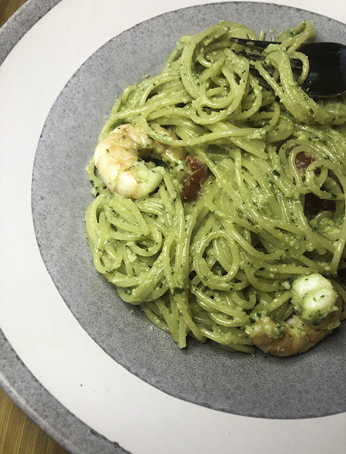 Creamy cashew pesto pasta with shrimp and roasted peppers