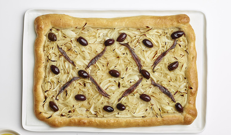 Pissaladiere with onions, olives, and anchovies