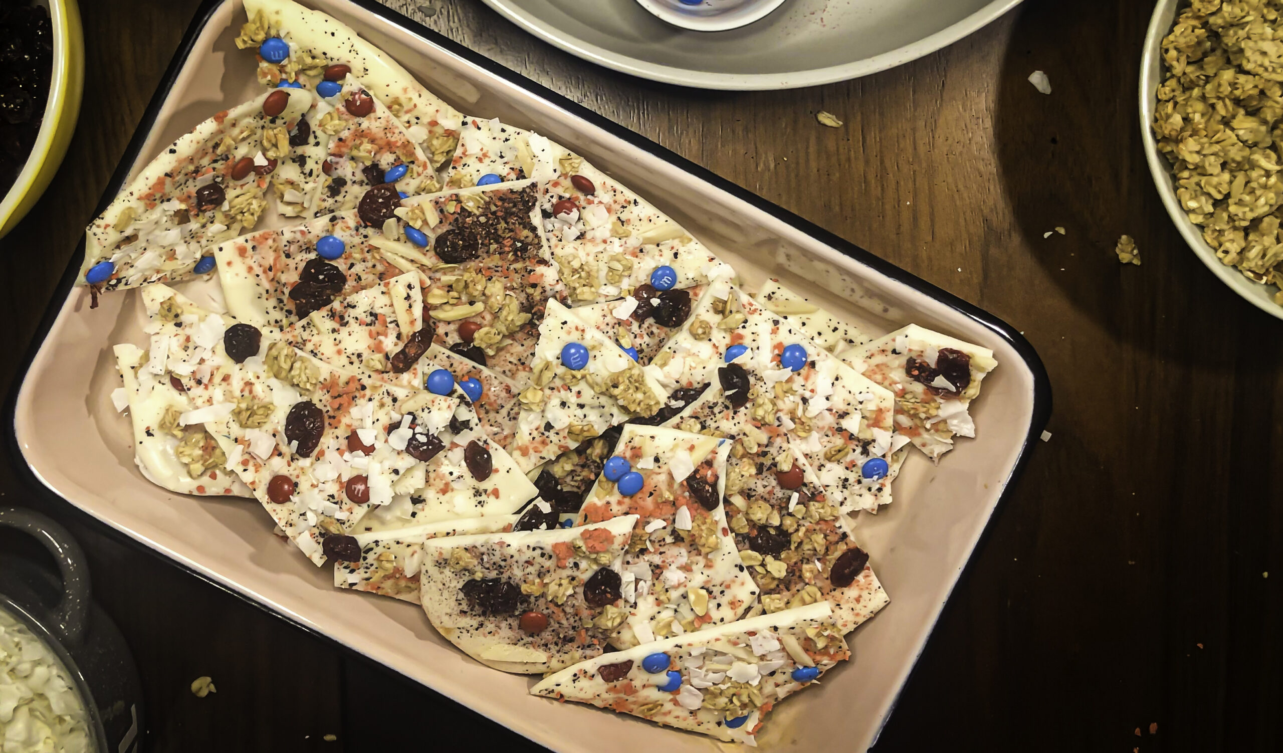 White chocolate bark candy with red, white, and blue decorations