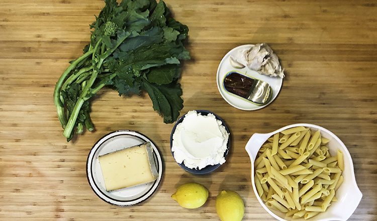 Broccoli rabe, Fontina cheese, ricotta, anchovies, garlic, lemons, and penne for baked pasta