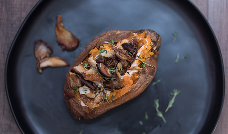 baked sweet potato with caramelized onions and mushrooms