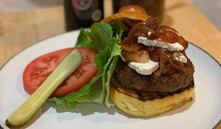 Balsamic Vinegar of Modena PGI Glazed Onions and Feta on a Grilled Greek Lamb Burger