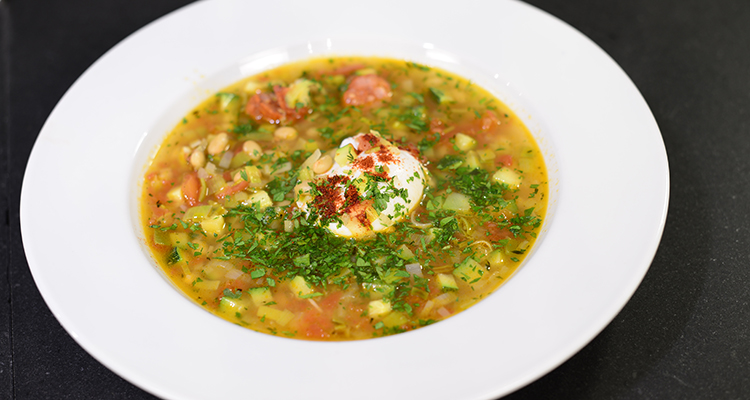 Spanish Navy Bean Soup in a white bowl