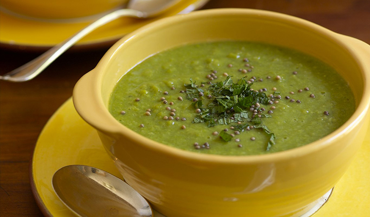 Thai Fresh Pea Soup in a yellow bowl