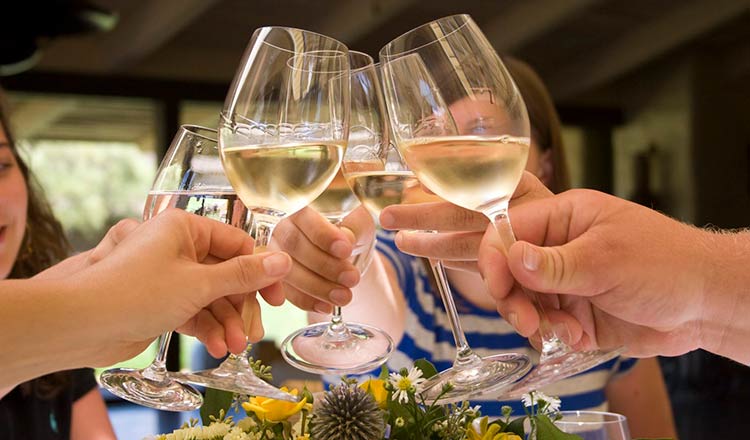 Toasting with white wine in glasses