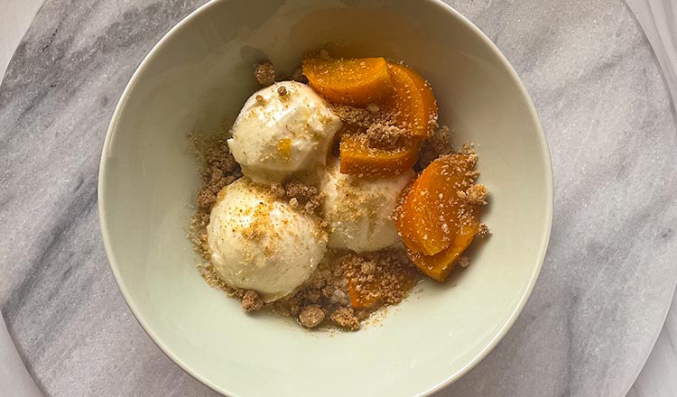 Poached Fuyu Persimmons with Vanilla Ice Cream