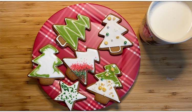 Decorated Christmas cookies on a plaid plate