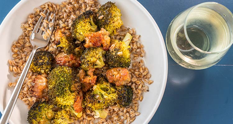 Lemon roasted broccoli and sausage with grains