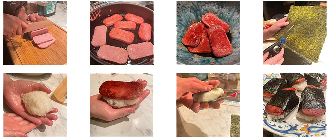 8 photos showing the preparation of spam musubi