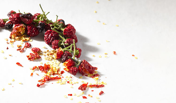 Dried chiles on a white surface