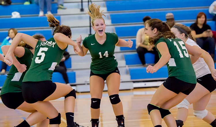 Volleyball players celebrating a win