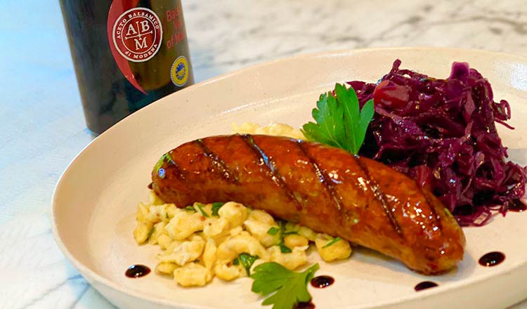 Balsamic Vinegar of Modena P.G.I.-Braised Red Cabbage and Glazed Sausages with Grainy Mustard Spaetzle