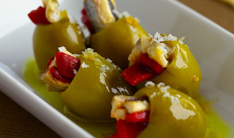 Piquillo pepper and anchovy-stuffed olives
