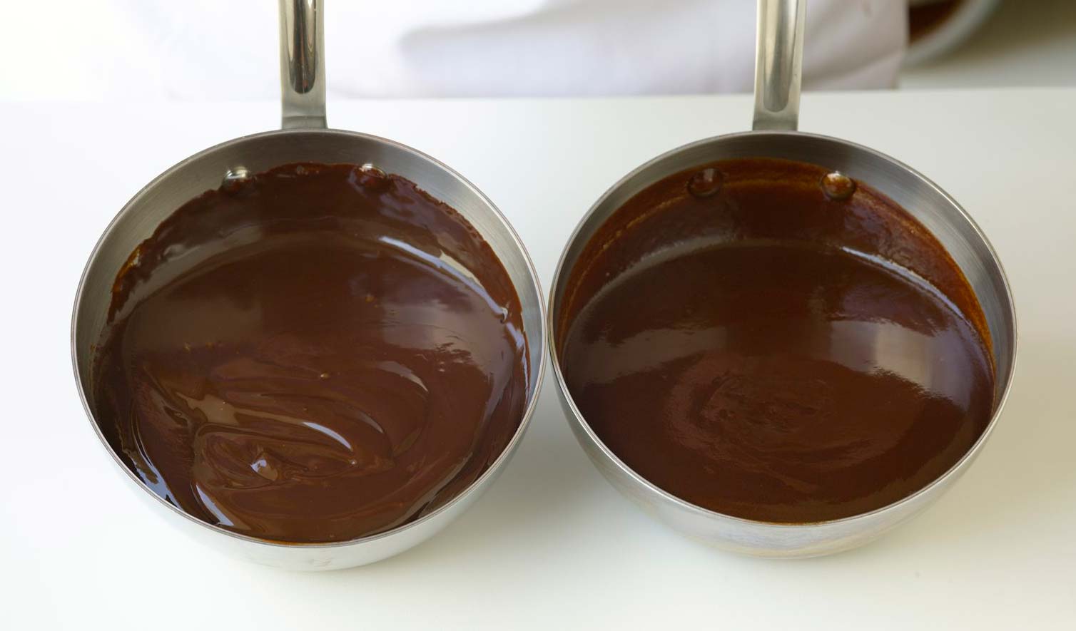 Side by side of a broken ganache and a smooth ganache