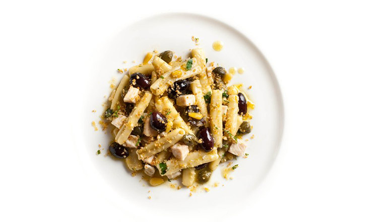 Maccheroncini with Swordfish, Capers, Olives, and Pine Nuts