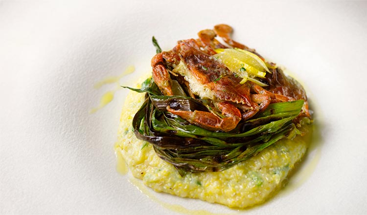 Soft-Shell Crabs with Grilled Scallions and Lemon Polenta