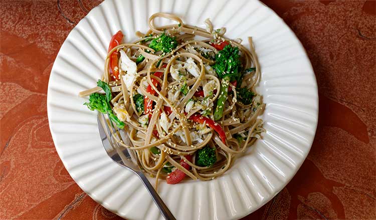 Multigrain Pasta with Broccolini, Crab Meat, and Orange, Sesame, and Ginger Dressing