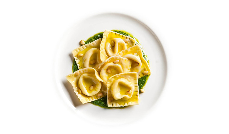 Fresh Cheese Ravioli with Pesto and Pine Nuts