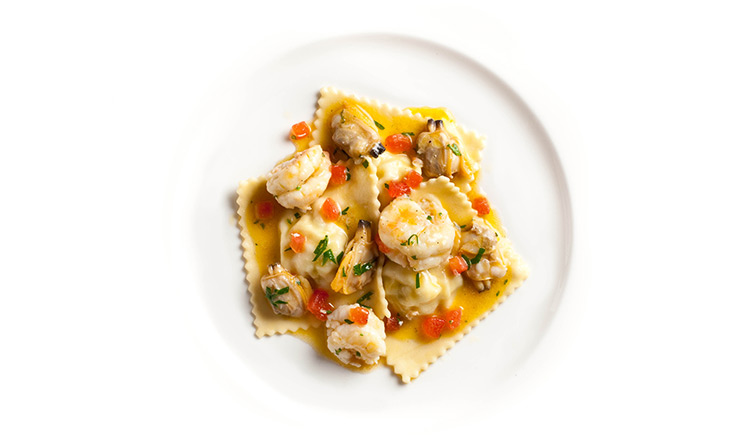 Striped Bass Ravioli with Seafood Sauce