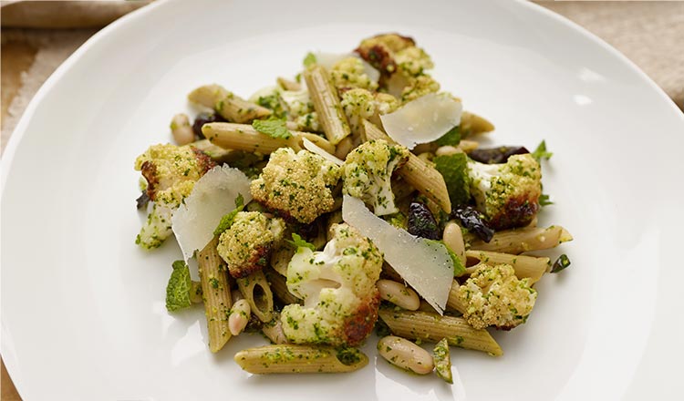 Whole Wheat Penne with Roasted Cauliflower and Parsley Pesto