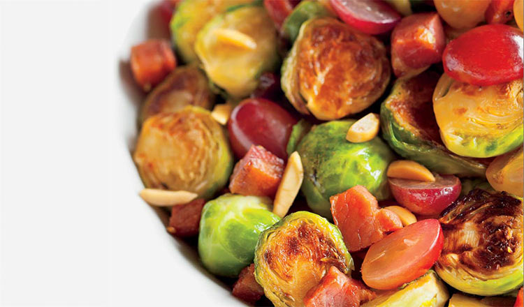 Charred Brussels Sprouts with Almonds, Grapes, and Pancetta